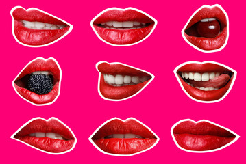 Collage with female lips on color background