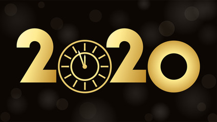 2020 Happy New Year eve glowing text design with gold clock on black background. Vector illustration.
