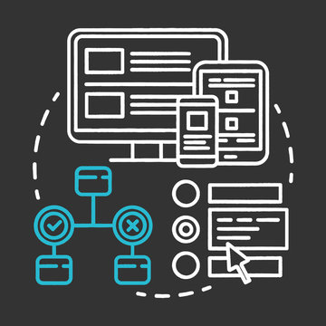 Interface testing chalk concept icon. UX, UI check idea thin line illustration. Software development stage. Application programming and coding. IT project idea. Vector isolated chalkboard illustration