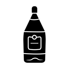 Transparent glass bottle of wine glyph icon. Luxury alcoholic drink, beverage. Red wine in bar, cafe. Glassware with label. Silhouette symbol. Negative space. Vector isolated illustration