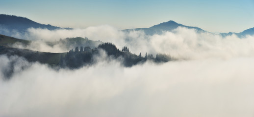 autumn morning. Picturesque foggy sunrise in the Carpathian mountains