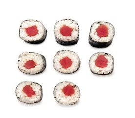 Zelfklevend Fotobehang Tasty sushi rolls on white background © Pixel-Shot
