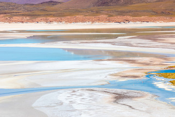 Chile Atacama desert colors of lagoon at red rocks