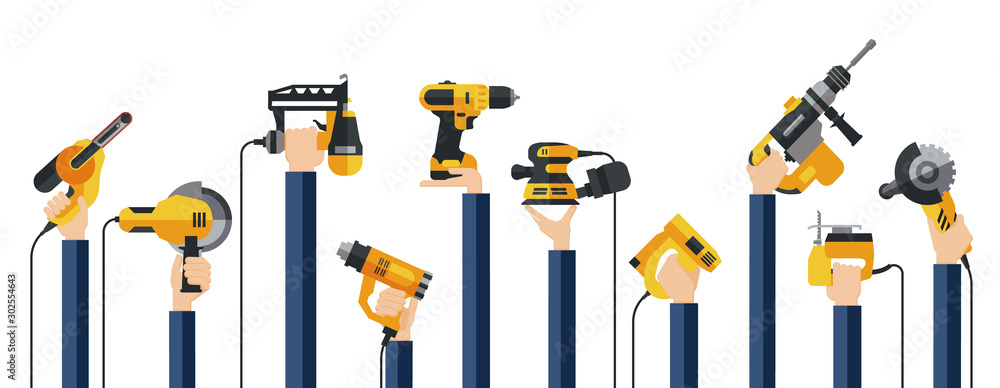 Wall mural Flat design illustration of hands holding power electric hand tools. Set of master tools for wood, metal, plastic, stone, etc.