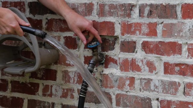 Man's hand turns water faucet on and off, with water flowing out of garden hose.