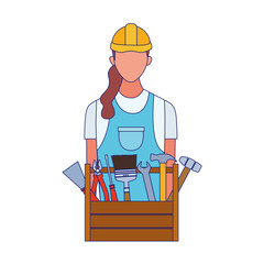 repair worker woman with wooden box with tools