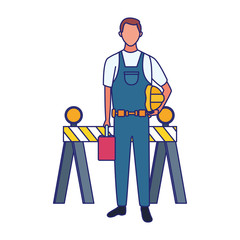 cartoon repair man worker and safety barrier