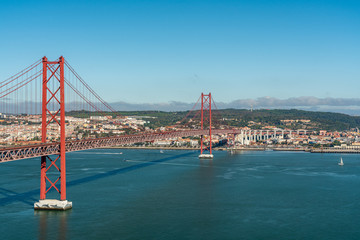 April 25 bridge with a view of Lisbon, in the summer. Portugal.