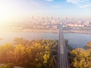 Warsaw city center, Vistula river and Slasko-Dabrowski bridge at dawn aerial view
