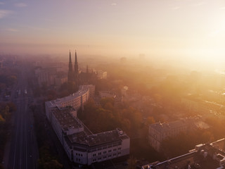 Cathedral parish of St. Archangel Michael and Saint. Florian Martyr and Prague Hospital in Warsaw aerial view at dawn - obrazy, fototapety, plakaty