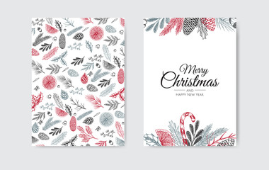 Naklejka premium Merry Christmas and Happy New Year. Xmas background with winter plants