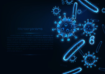 Futuristic immunology web banner with glowing low polygonal virus and bacteria cells. - obrazy, fototapety, plakaty