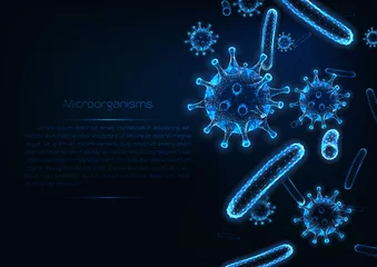 Fotobehang Futuristic immunology web banner with glowing low polygonal virus and bacteria cells. © Inna