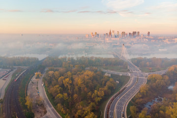 Warsaw city center at dawn aerial view - obrazy, fototapety, plakaty