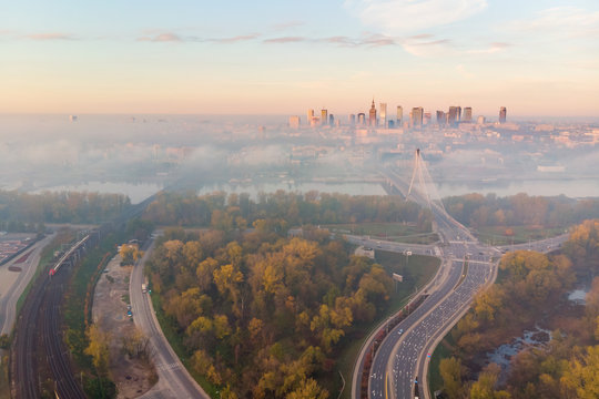 Fototapeta Warsaw city center at dawn aerial view