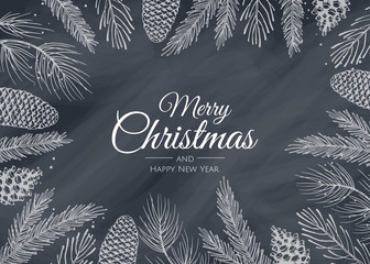 Christmas frame with winter plants. Botanical illustration.