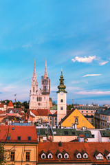 Naklejka na ściany i meble View of Zagreb cathedral and of St. Mary church from Upper town, Zagreb, Croatia