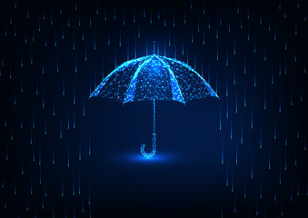 Futuristic protection concept with glow low poly umbrella and rain shower on dark blue background. © Inna