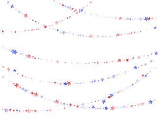 Flying red blue white star sparkles on white vector american patriotic background.