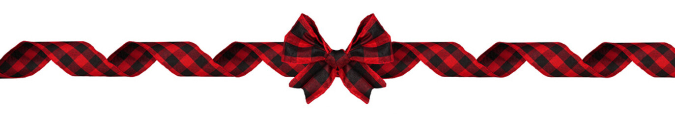 Long Christmas border of red and black buffalo plaid bow and ribbon isolated on a white background
