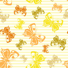 Flying butterfly silhouettes over striped background vector seamless pattern.