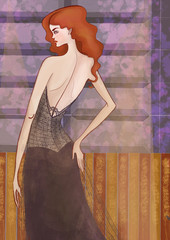Stylized illustration of a beautiful girl with red curly hair on a party