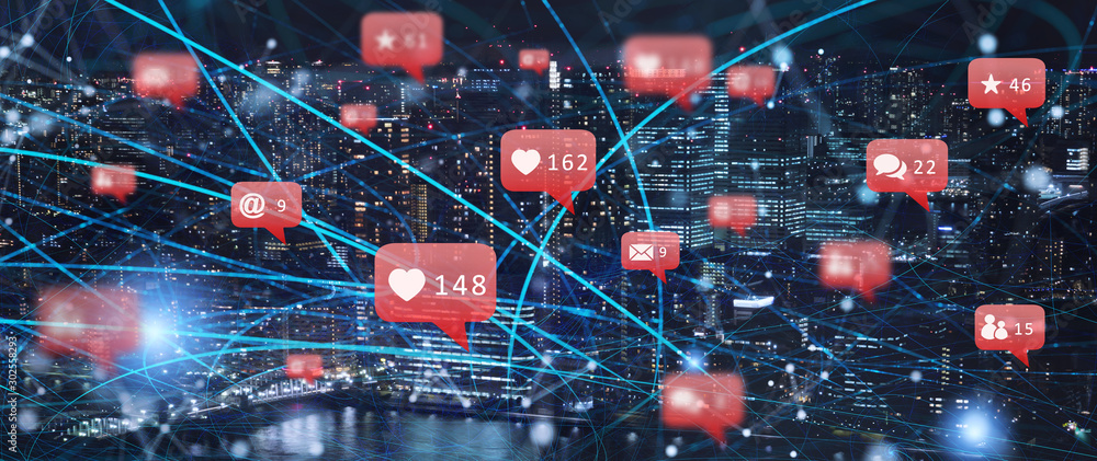 Poster fast connection in the city at night. concept of social network and internet network