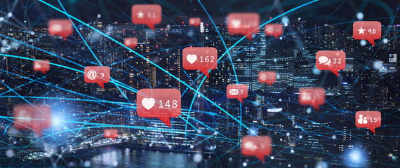 Fast connection in the city at night. Concept of social network and internet network