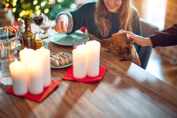Young beautiful woman smiling happy and confident. Sitting on chair with dog