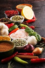 Spices and herbs on table. Food and cuisine ingredients for good cooking