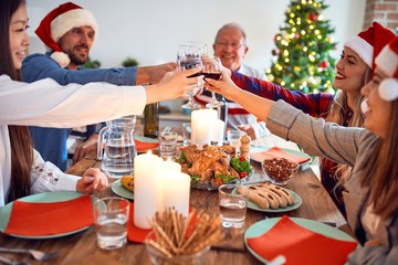 Beautiful family wearing santa claus hat meeting smiling happy and confident. Eating roasted turkey toasting with cup of wine celebrating Christmas at home