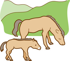 馬　野生　コミカル　親子　草を食べる　山　可愛い　イラスト