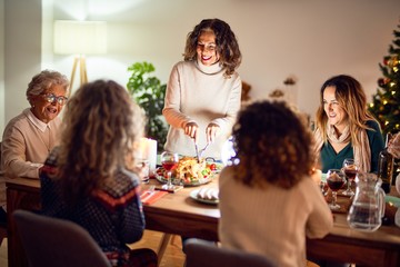 Beautiful group of women smiling happy and confident. Carving roasted turkey celebrating christmas at home