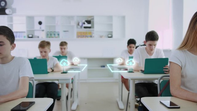 Visualization of Information. Digital Communication. In School Classroom Kids Students Studying by Computers. Technology Connecting Lines Flows into Global Network from Smartphones. Future Education.