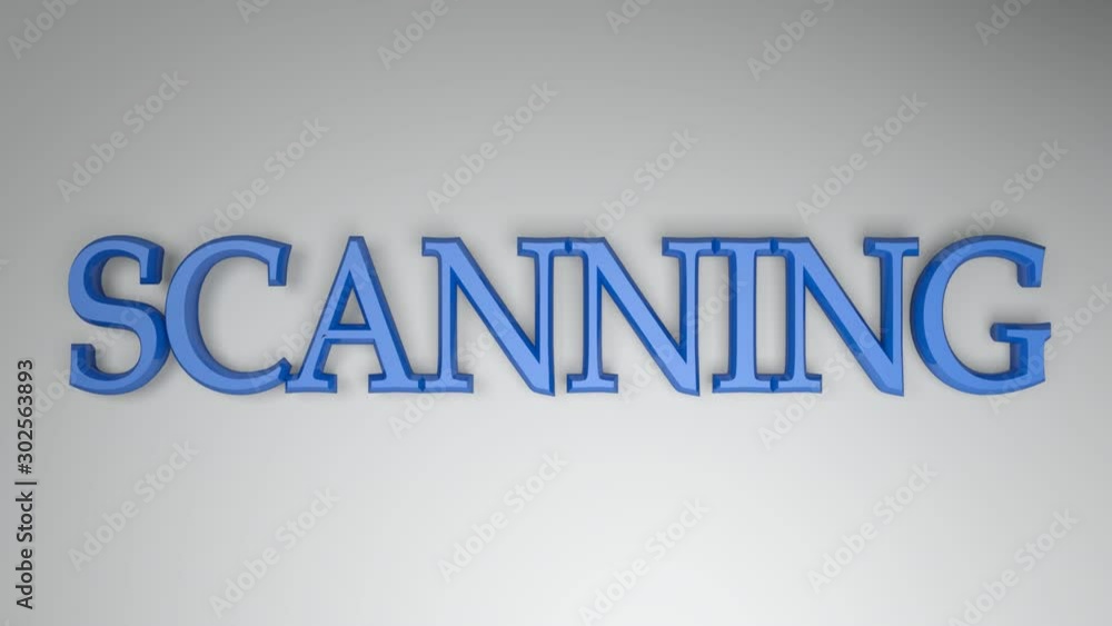 Poster the write scanning, in blue letters on white background, with two horizontal lines going from one si