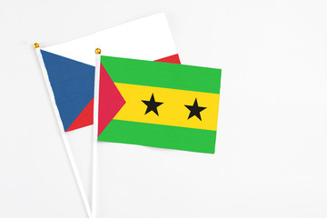 Sao Tome And Principe and Cyprus stick flags on white background. High quality fabric, miniature...