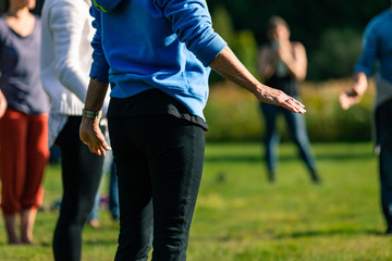 Selective focus of people busy with group activity such as yoga and games on a grass field in...