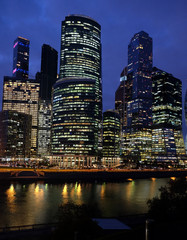 Fototapeta premium Cityscape with Moscow City International Business Centre skyscraper buildings on Moskva River embankment night view