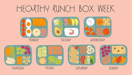 Healthy lunch box ideas for the week. Vector illustration set