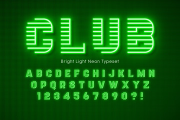 Neon light 3d alphabet, extra glowing font.