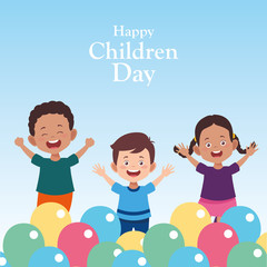 happy children day design with cartoon happy kids and colorful balloons