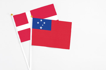 Samoa and Denmark stick flags on white background. High quality fabric, miniature national flag....