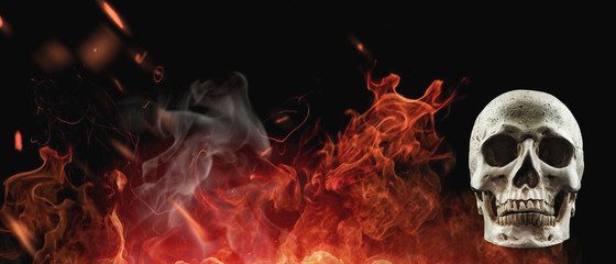 background human skull in fire flame