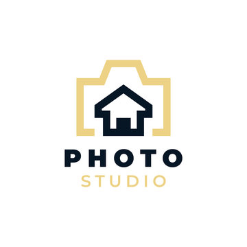 Camera with home or real estate house concept illustration for logo template design.