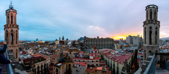 Fototapeta premium A sunset panoramic of Barcelona, Spain taken from Basilica of Santa Maria del Mar