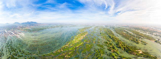 Aerial panoramic 4000 islands Mekong River in Laos, Li Phi waterfalls, famous travel destination...