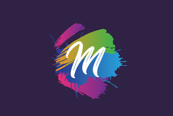 Hand lettering brush initial letter m with colorful paintbrush on dark background template design