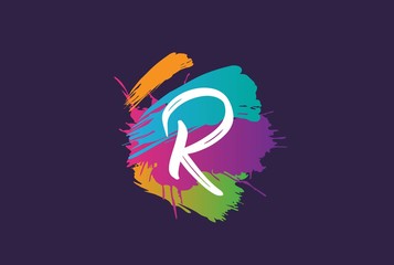 Hand lettering brush initial letter r with colorful paintbrush on dark background template design