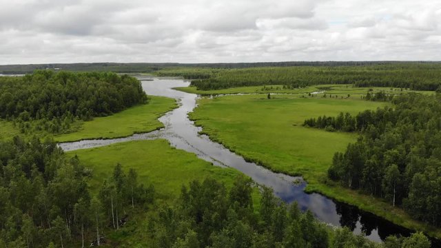 Landscape with river and green meadow
