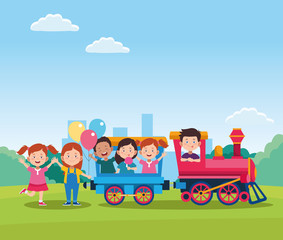 Obraz na płótnie Canvas happy children day design with train with cartoon happy kids in the wagons